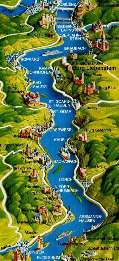 Hotel Castle Liebenstein - Rhine River map with 30 castles and